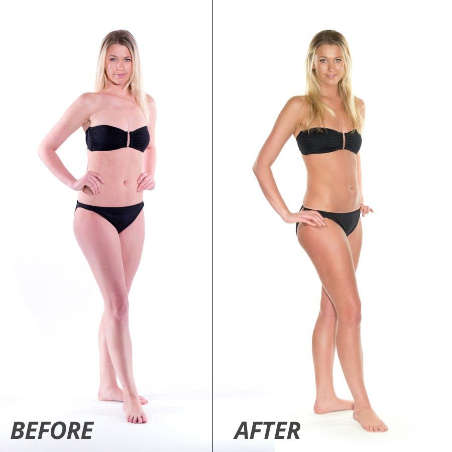 Before and after spray tan transformation